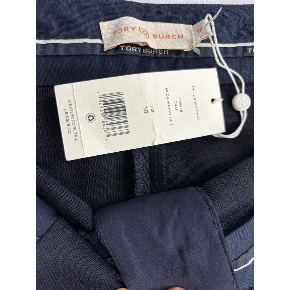 Tory Burch Twill Khaki Pant Navy Front Zip Pintuck Dress Pants Sz 18 Career NWT